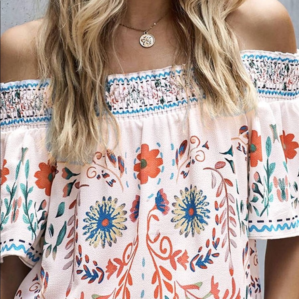 Bohemian White Floral Print Off Shoulder Oversized Top - Picture 5 of 5